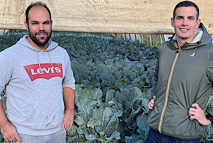Florian, le producteur et Charles, le livreur devant la serre des brocolis
