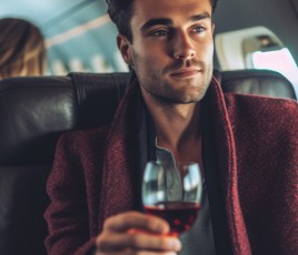 Homme buvant un verre de vin dans un avion
