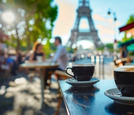 deux tasses de café sur une table, au premier plan, avec la Tour Eiffel au second plan 
