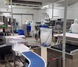 Ligne de conditionnement avec un tapis bleu au premier pan et un opérateur au fond à droite de l'image.