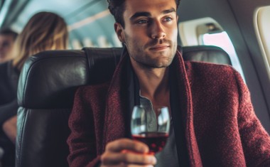 Homme buvant un verre de vin dans un avion