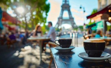 deux tasses de café sur une table, au premier plan, avec la Tour Eiffel au second plan