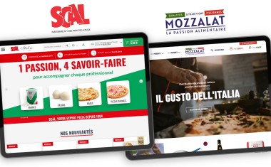 Deux écrans d'ordinateur côte à côte présentant les pages d'accueil des sites internet de Scal et Mozzalat