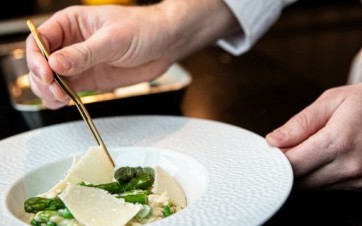 LA MAIN D4UN CHEF DE cuisine en train de dresser une assiette