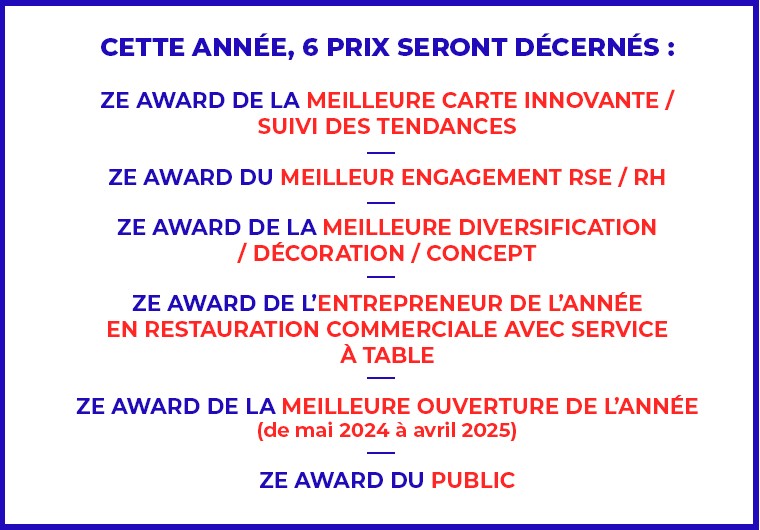 Cette année, 6 prix seront décernés lors des Ze Awards de la Restauration 2025