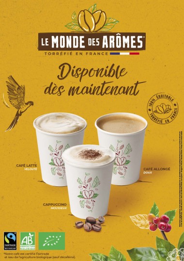 E-Affiche 3 Gobelet-Disponible_des_maintenant-Le_Monde_Des_Aromes-297x420-Jaune-Fairtrade+AB.jpg